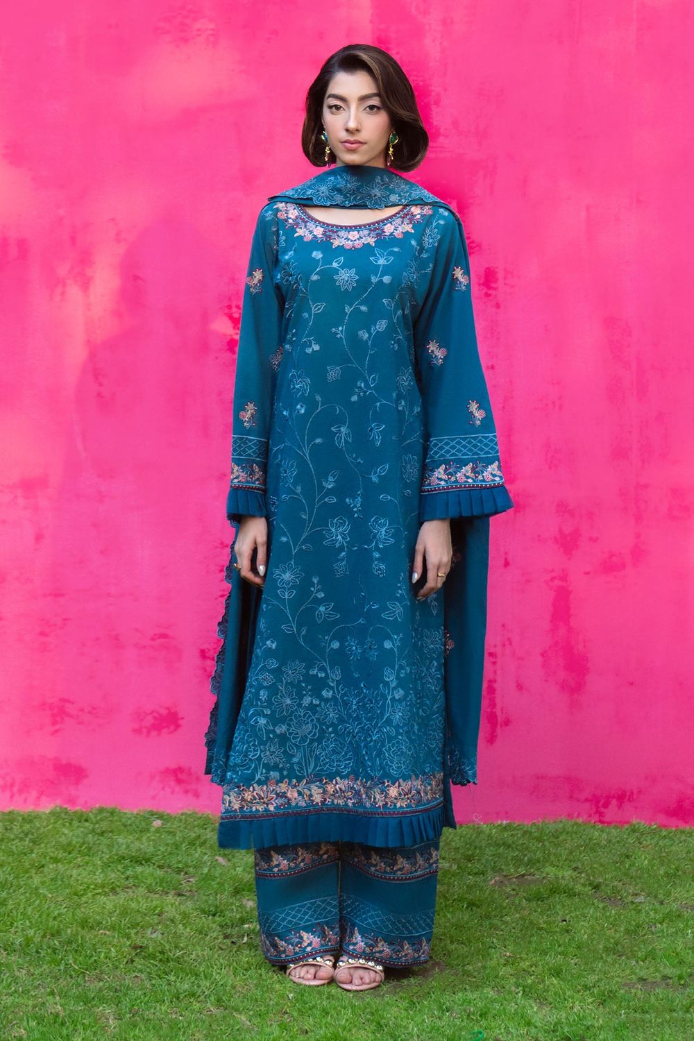 Steel Blue Embroidered Lawn Festive Suit Online in Dubai UAE Abudhabi Ajman Sharjah