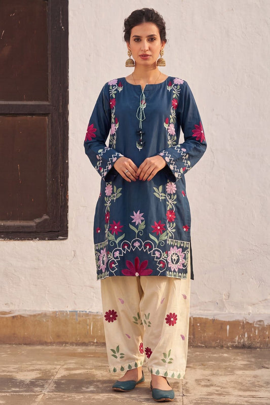 Steel Blue Embroidered Lawn Shalwar Kameez Online in Dubai UAE Abudhabi Ajman Sharjah