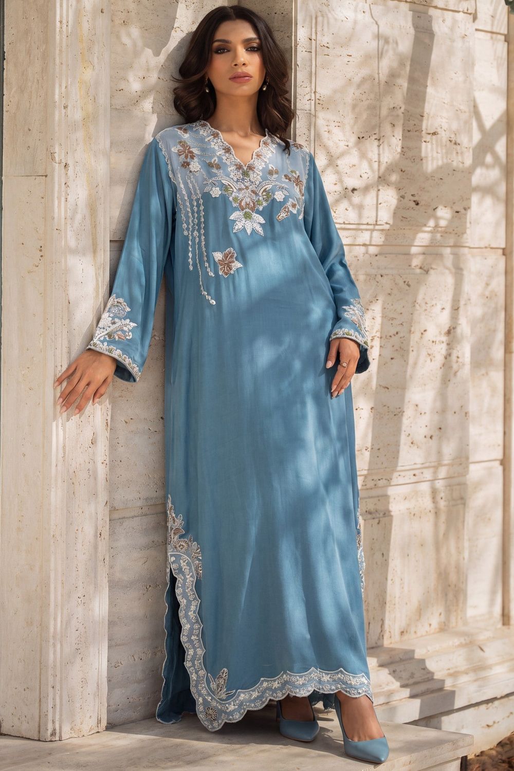 Steel Blue Embroidered Linen Kaftan Online in Dubai UAE Abudhabi Ajman Sharjah
