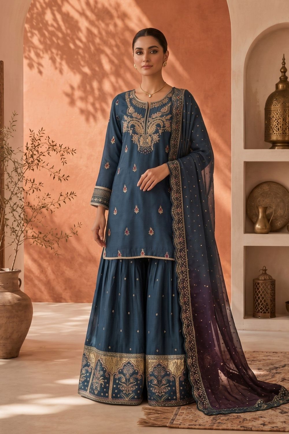 Steel Blue Embroidered Raw Silk Gharara Online in Dubai UAE Abudhabi Ajman Sharjah