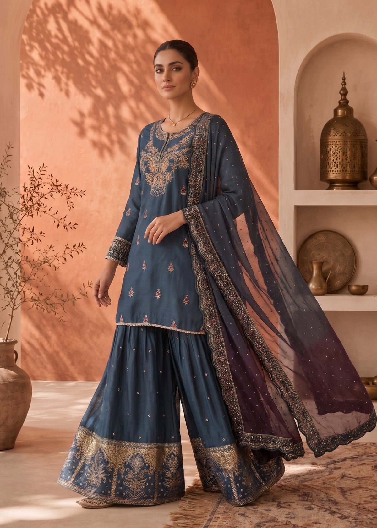 Steel Blue Festive Partywear Gharara Pakistani Suit Online in Sri Lanka India Australia