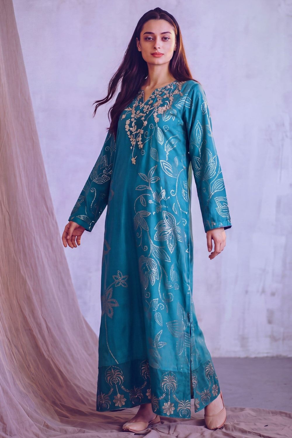 Steel Blue Patchwork Dhanak Kaftan Online in Dubai UAE Abudhabi Ajman Sharjah