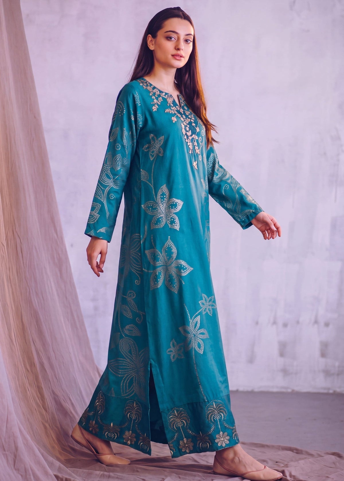 Steel Blue Patchwork Dhanak Kaftan Winter Wear Online in Dubai DXB UAE Abudhabi Meena Bazaar