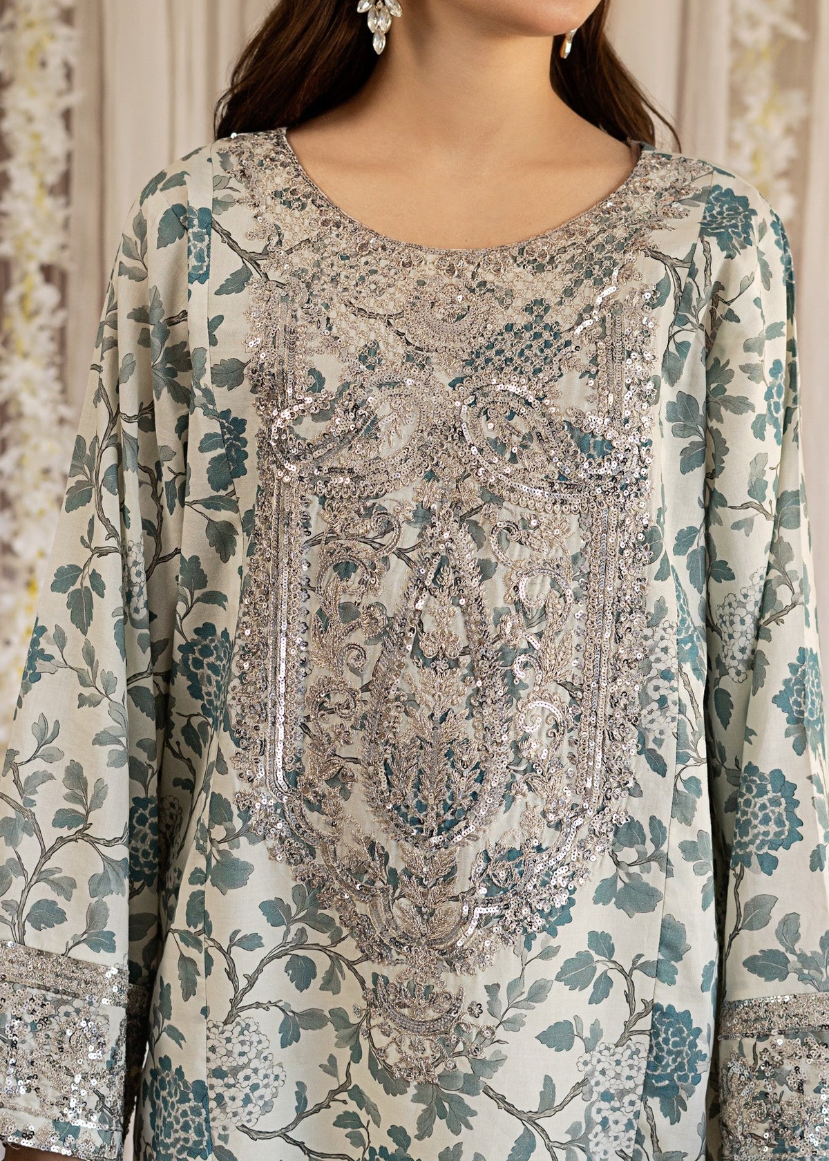 Steel Blue Tilla Sequin Embroidered Lawn Kurta Set Online in KSA Riyadh Saudi Arabia Oman Bahrain Qatar
