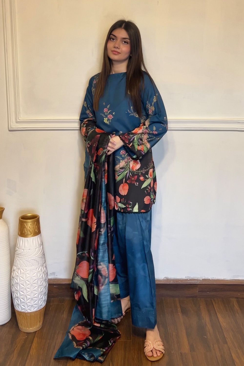 Steel Teal Printed Farshi Shalwar with Dupatta Online in Dubai UAE Abudhabi Ajman Sharjah