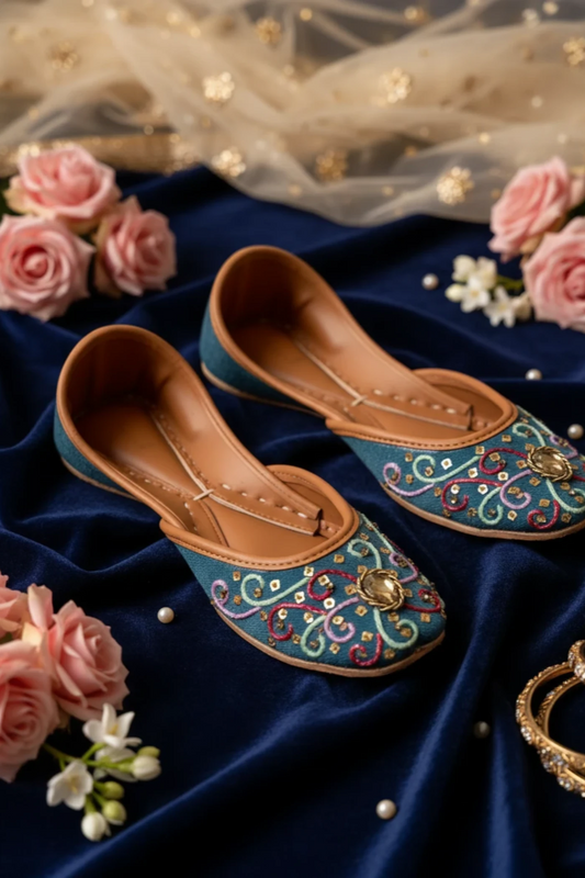Steel Teal Velvet Gold Embroidered Khussa Online in Dubai UAE Abudhabi Ajman Sharjah