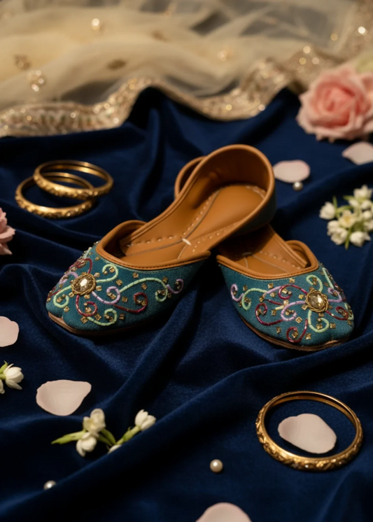 Steel Teal Velvet Khussa with Gold Embroidery Online in Sri Lanka India Australia