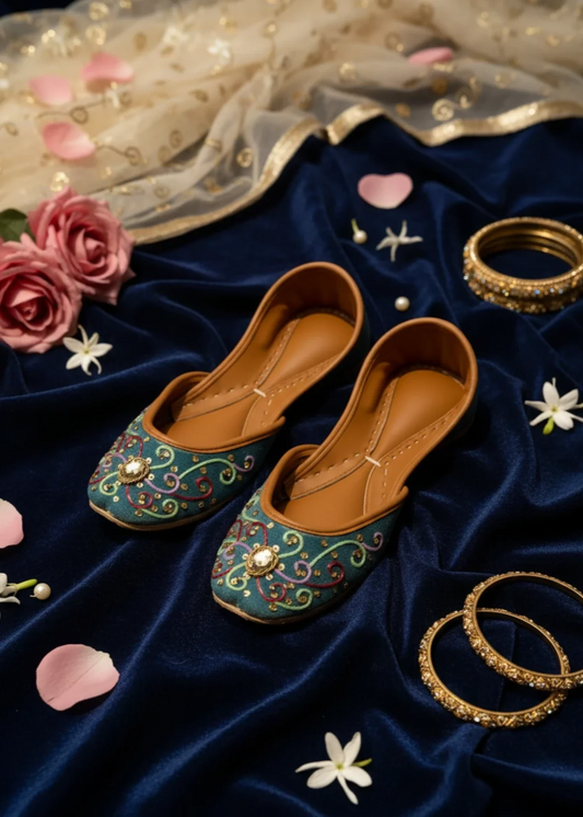 Steel Teal Velvet Wedding Khussa with Gold Embroidery Online in UK USA Canada