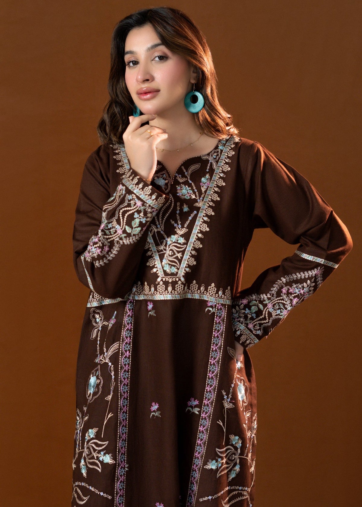 Stitched Brown Embroidered Slub Khaddar Kurta Set Online in UK USA Canada