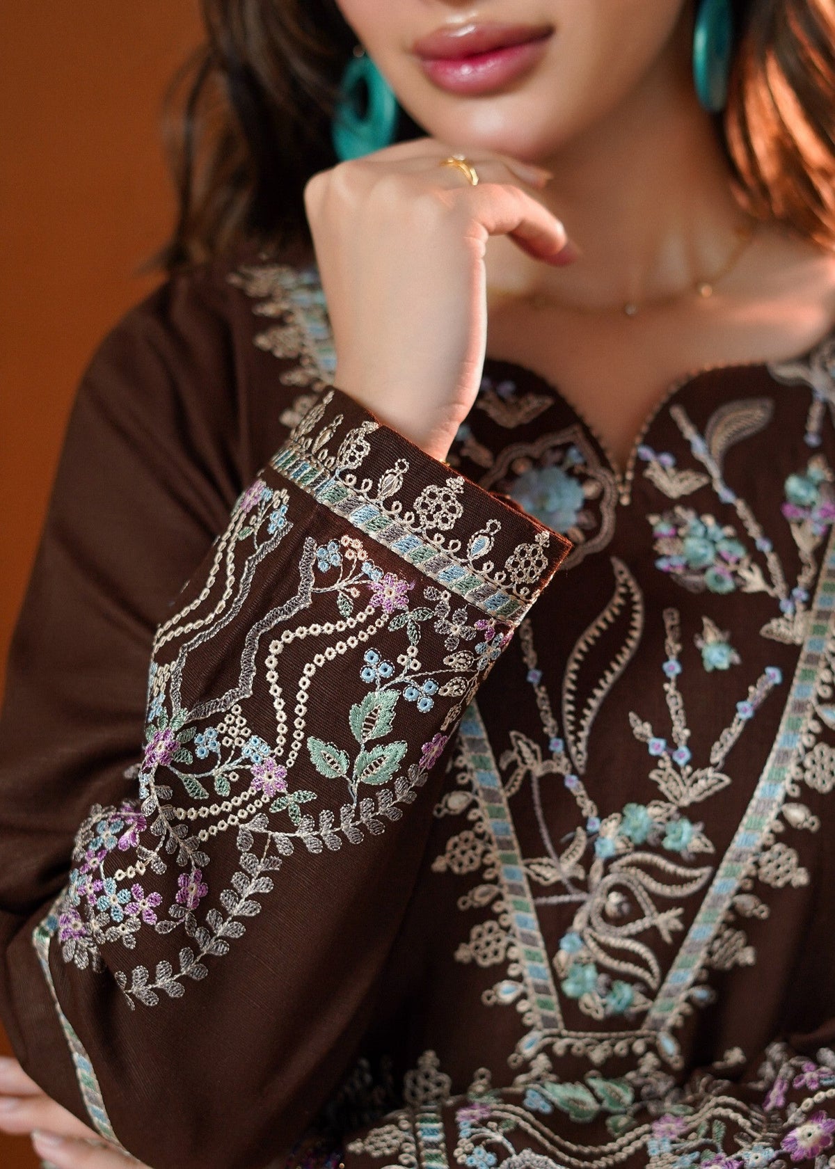 Stitched Chocolate Brown Embroidered Kurta Set Online in UK USA Canada