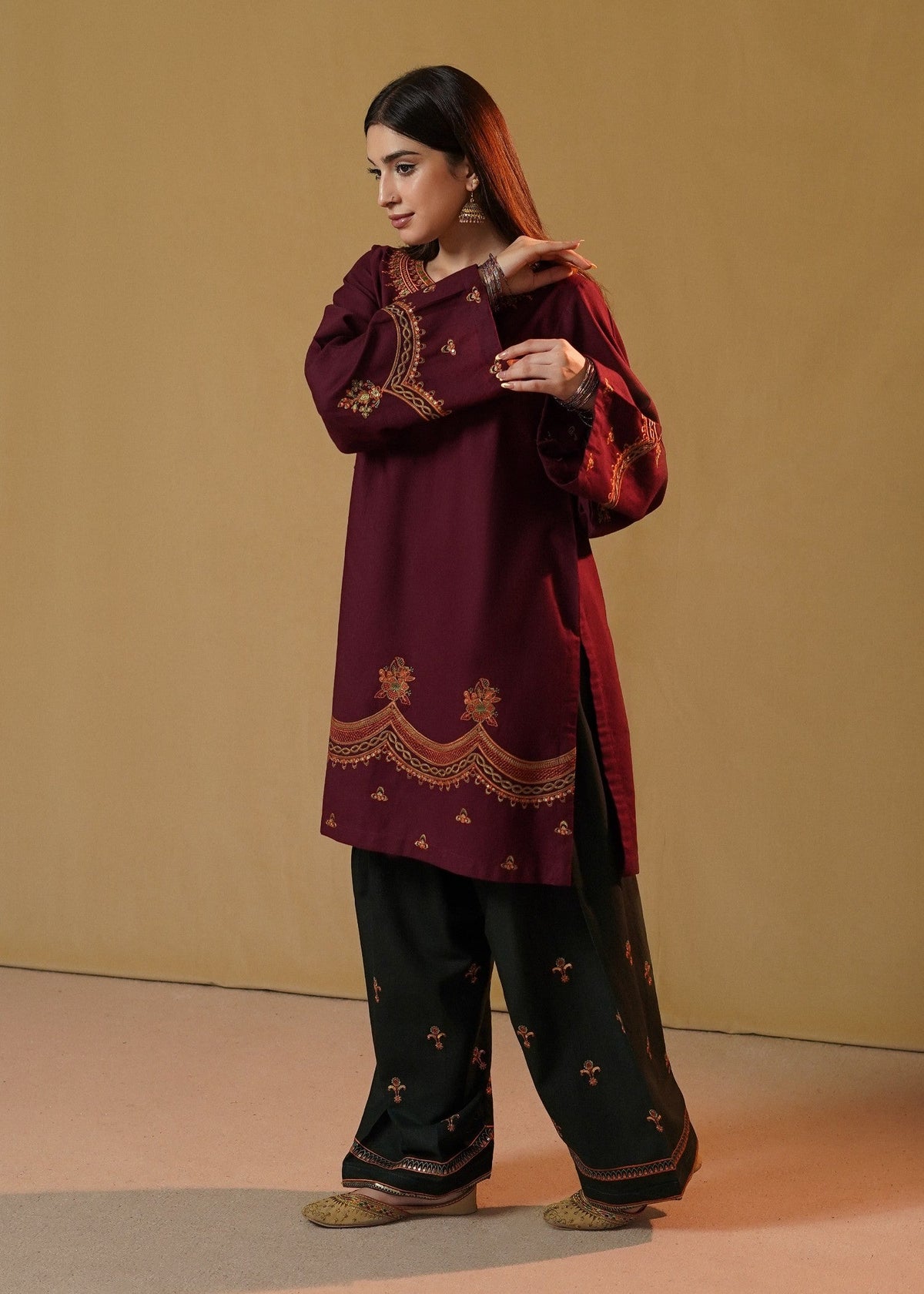 Stitched Embroidered Slub Khaddar Kurta Set Online in Dubai DXB UAE Abudhabi Meena Bazaar