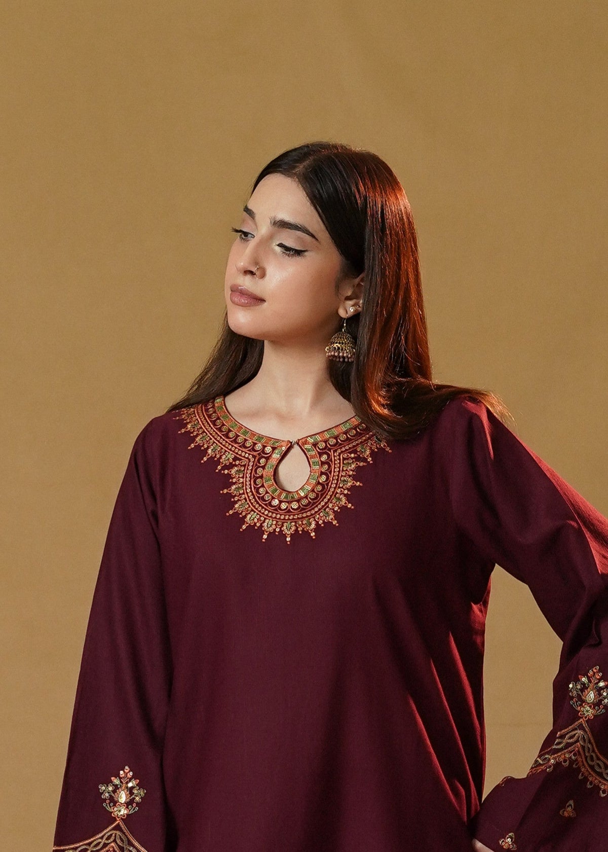 Stitched Embroidered Slub Khaddar Kurta Set Online in Dubai DXB UAE Abudhabi Meena Bazaar