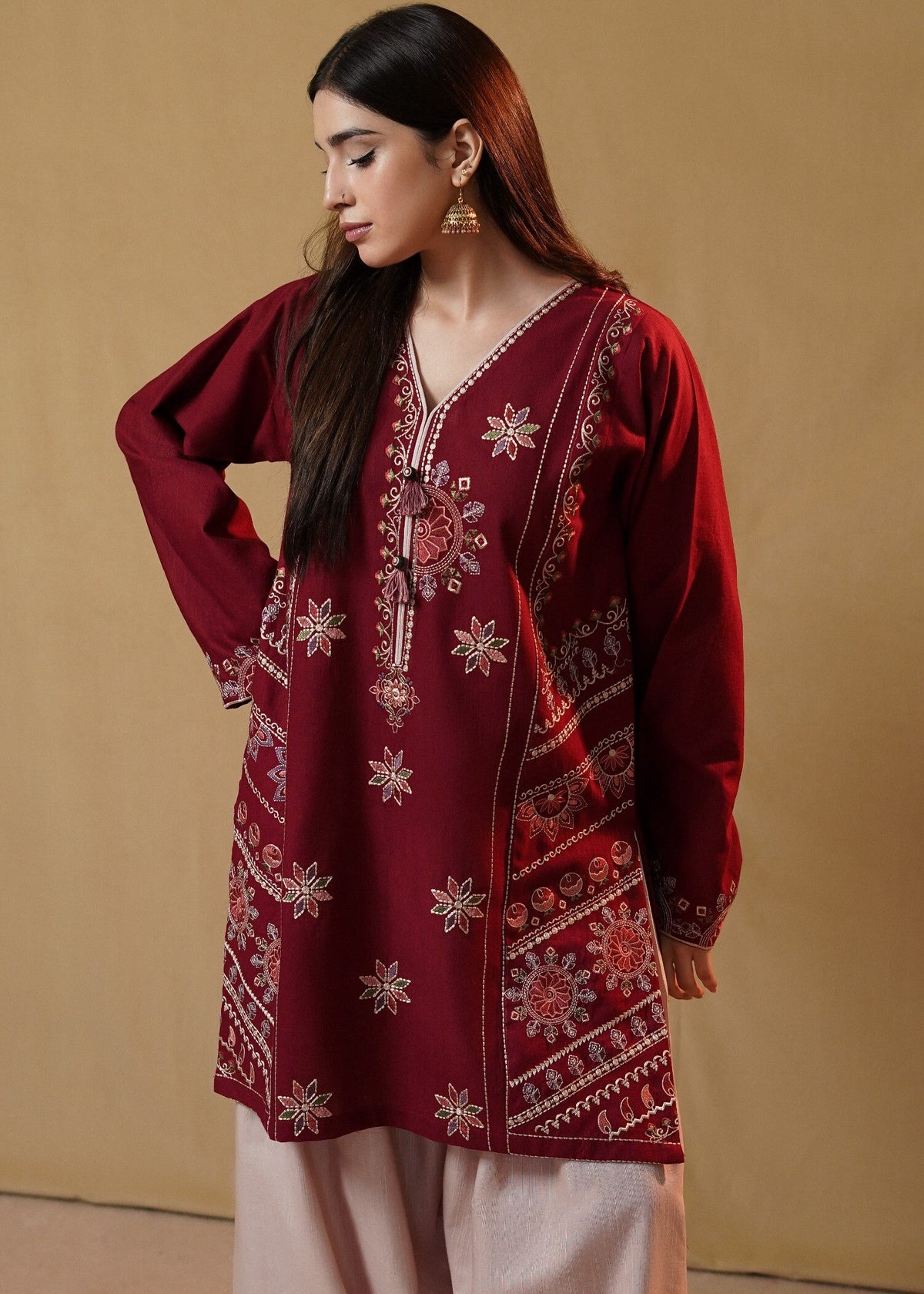 Stitched Maroon Embroidered Kurta Set with Farshi Shalwar Online in Sri Lanka India Australia