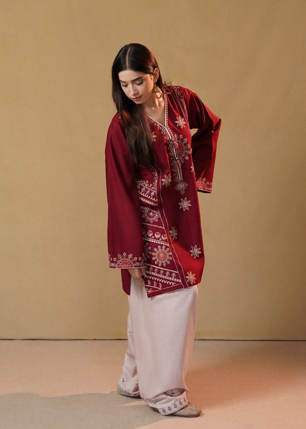 Stitched Maroon Khaddar Kurta Set with Farshi Shalwar Online in KSA Riyadh Saudi Arabia Oman Bahrain Qatar