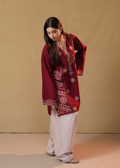 Stitched Maroon Khaddar Kurta Set with Farshi Shalwar Online in KSA Riyadh Saudi Arabia Oman Bahrain Qatar