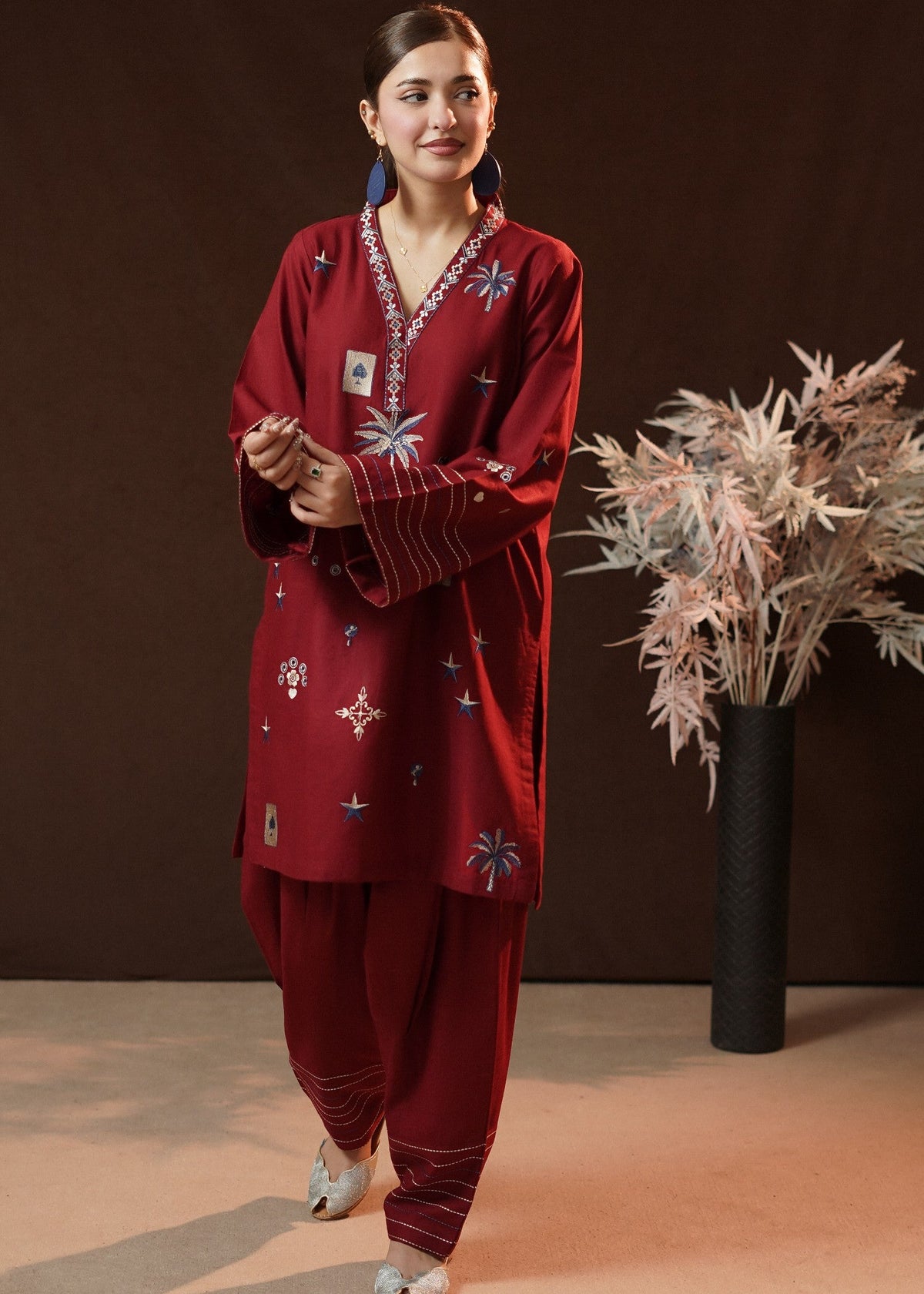 Stitched Maroon Slub Khaddar Kurta Set Online in Dubai UAE Abudhabi Ajman Sharjah