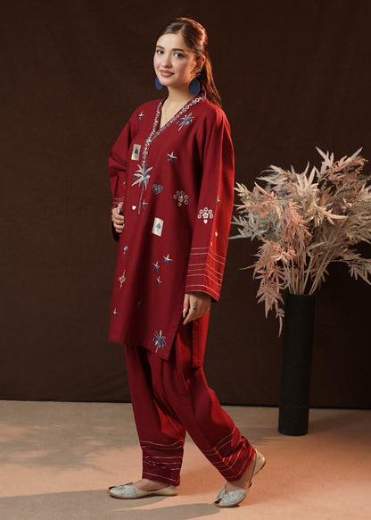 Stitched Maroon Slub Khaddar Pakistani Kurta Set Online in KSA Riyadh Saudi Arabia Oman Bahrain Qatar