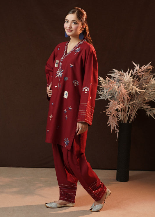 Stitched Maroon Slub Khaddar Pakistani Kurta Set Online in KSA Riyadh Saudi Arabia Oman Bahrain Qatar