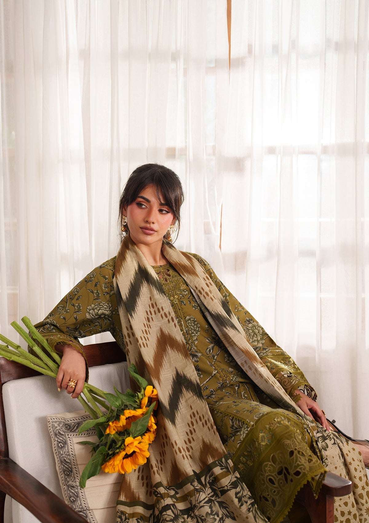 Stitched Olive Green Lawn Suit with Dupatta Online in Sri Lanka India Australia