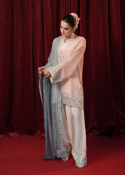 Stitched Pakistani Salwar Kameez Peach Silk Online in KSA Riyadh Saudi Arabia Oman Bahrain Qatar