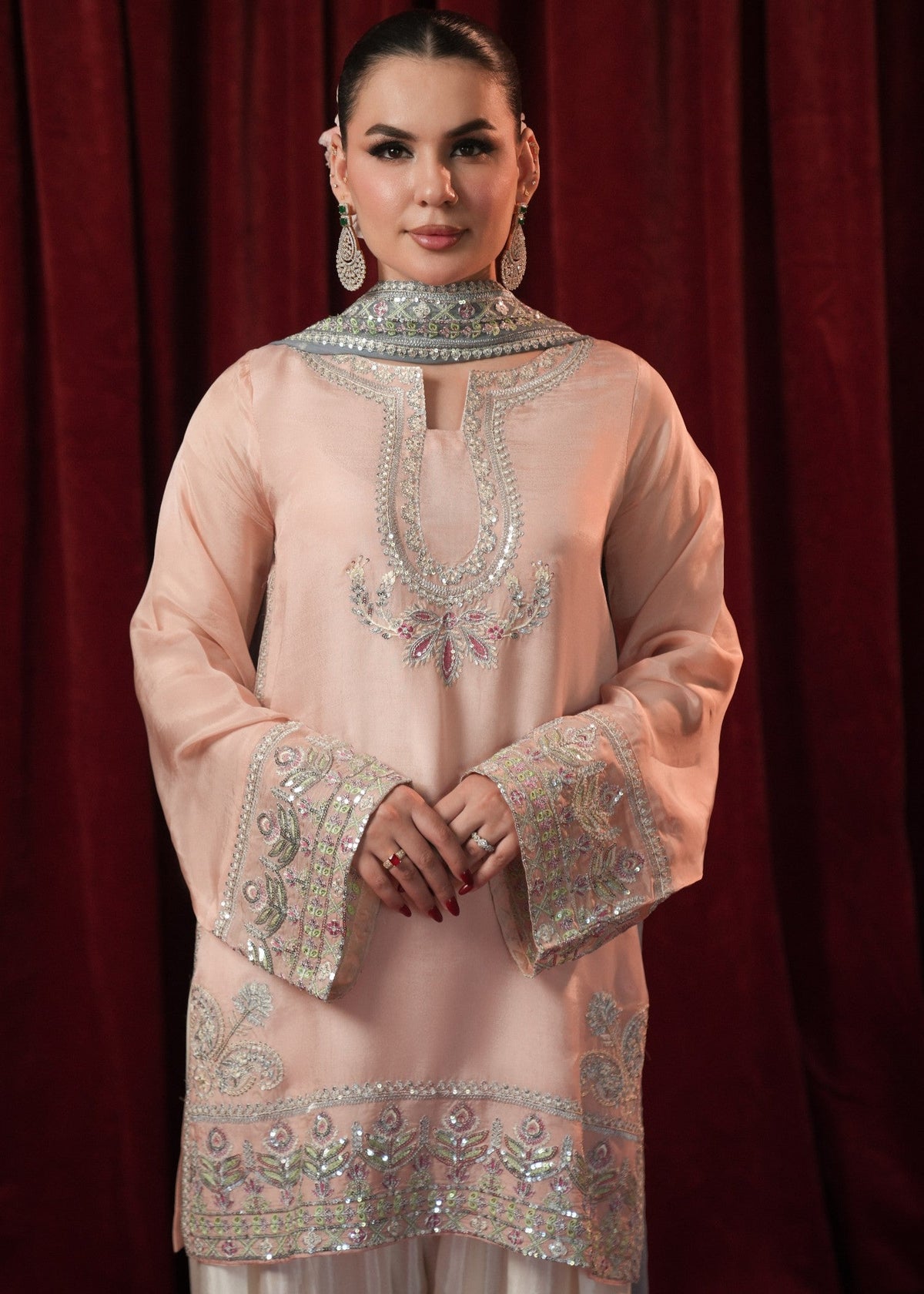 Stitched Peach Silk Salwar Kameez Online in Dubai UAE Abudhabi Ajman Sharjah