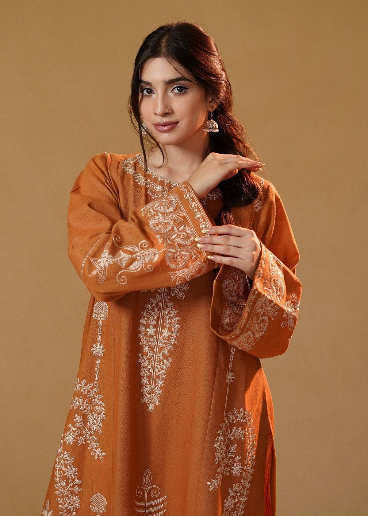 Stitched Rust Orange Embroidered Slub Khaddar Kurta Set Online in Dubai DXB UAE Abudhabi Meena Bazaar