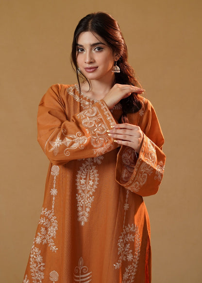 Stitched Rust Orange Embroidered Slub Khaddar Kurta Set Online in Dubai DXB UAE Abudhabi Meena Bazaar