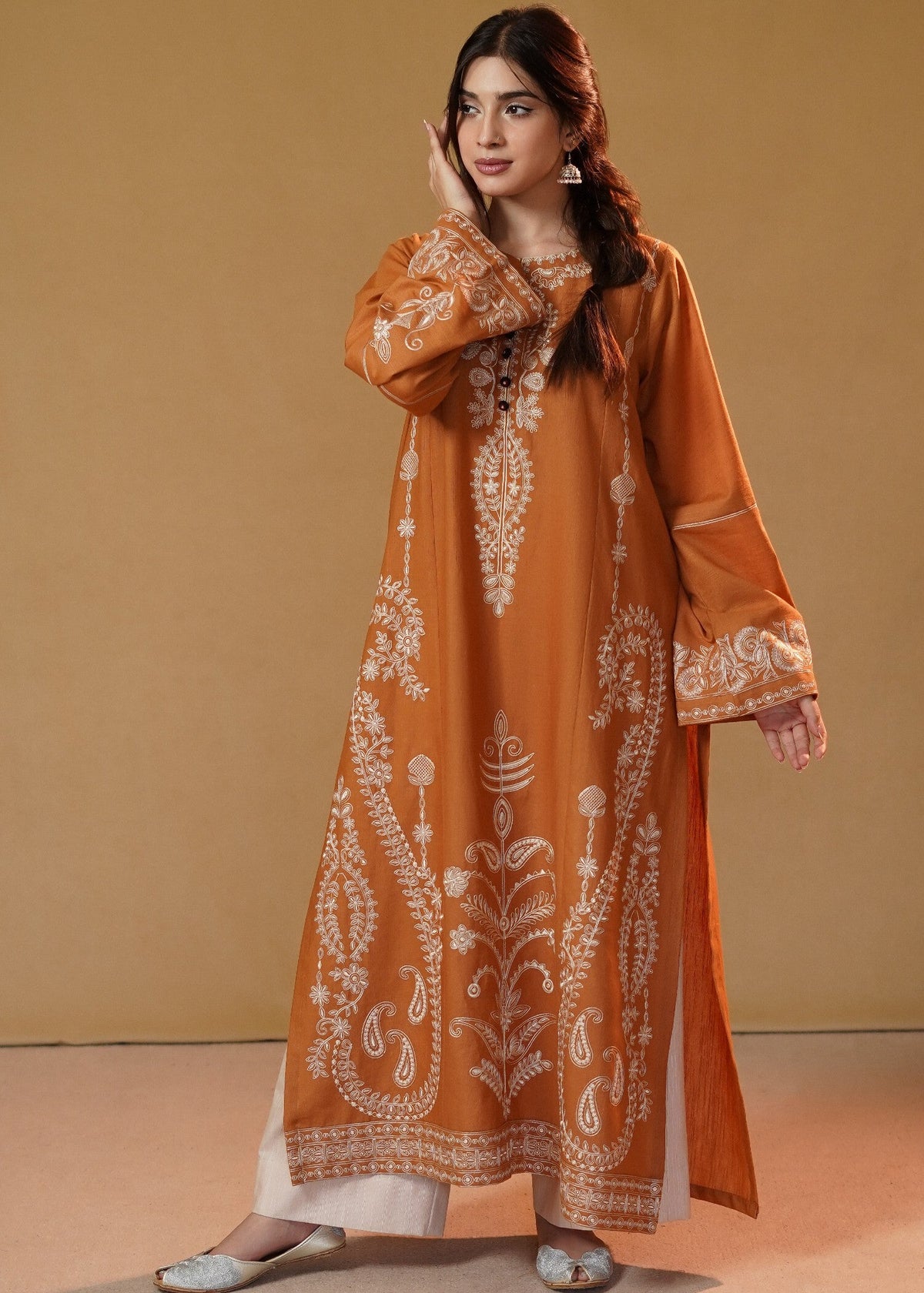 Stitched Rust Orange Embroidered Slub Khaddar Kurta Set Online in Dubai DXB UAE Abudhabi Meena Bazaar