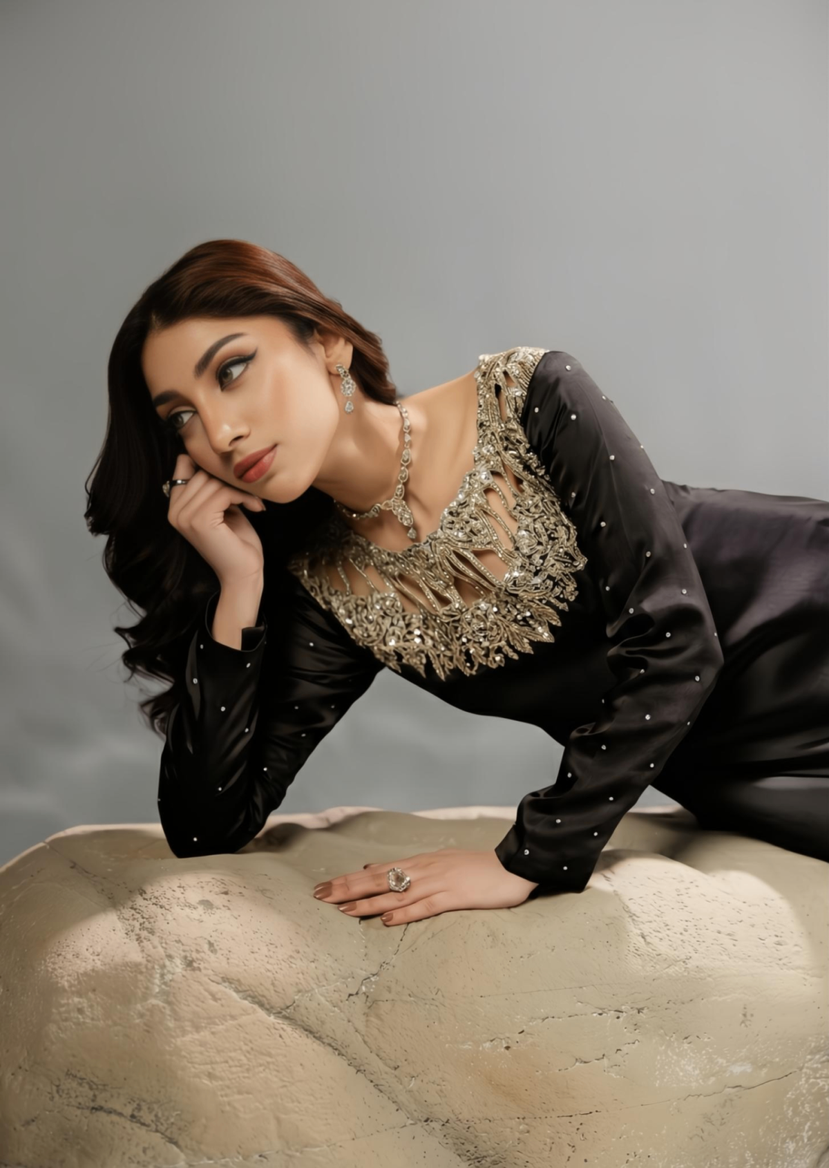 Stone Work Black Silk Ladies Partywear Suit Online in UK USA Canada