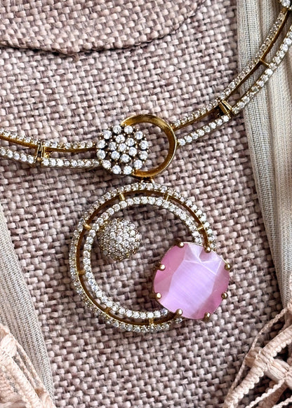Stone Work Pink Bridal Jewellery Set Online in UK USA Canada