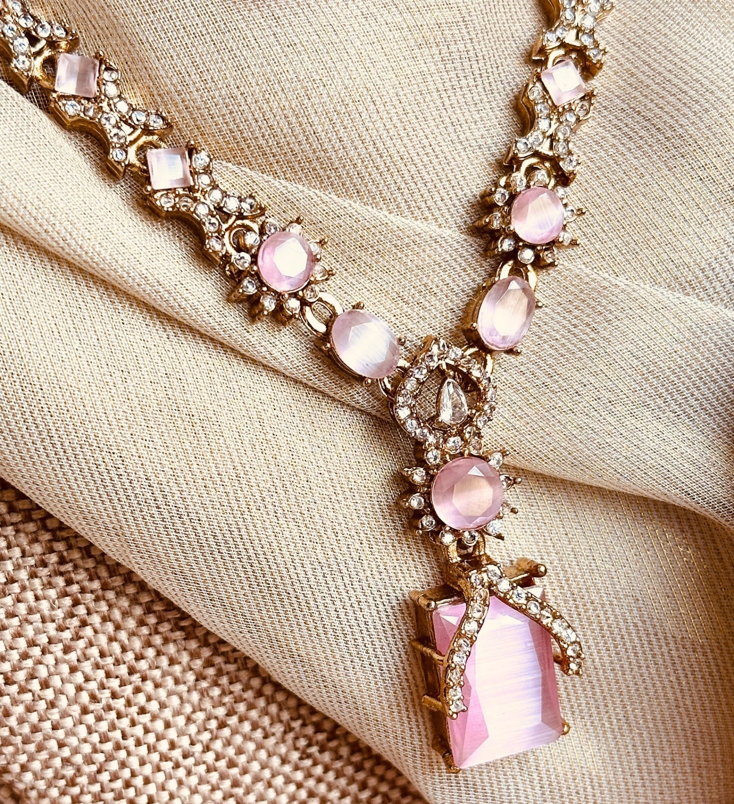 Stone Work Pink Crystal Jewellery Set Online in KSA Riyadh Saudi Arabia Oman Bahrain Qatar