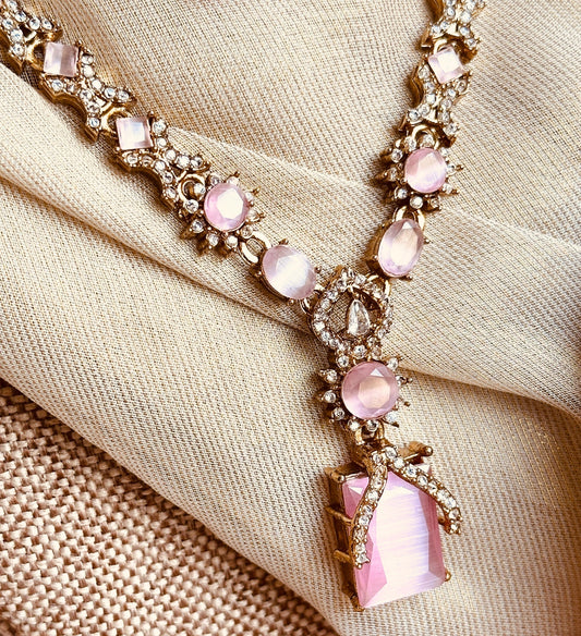 Stone Work Pink Crystal Jewellery Set Online in KSA Riyadh Saudi Arabia Oman Bahrain Qatar