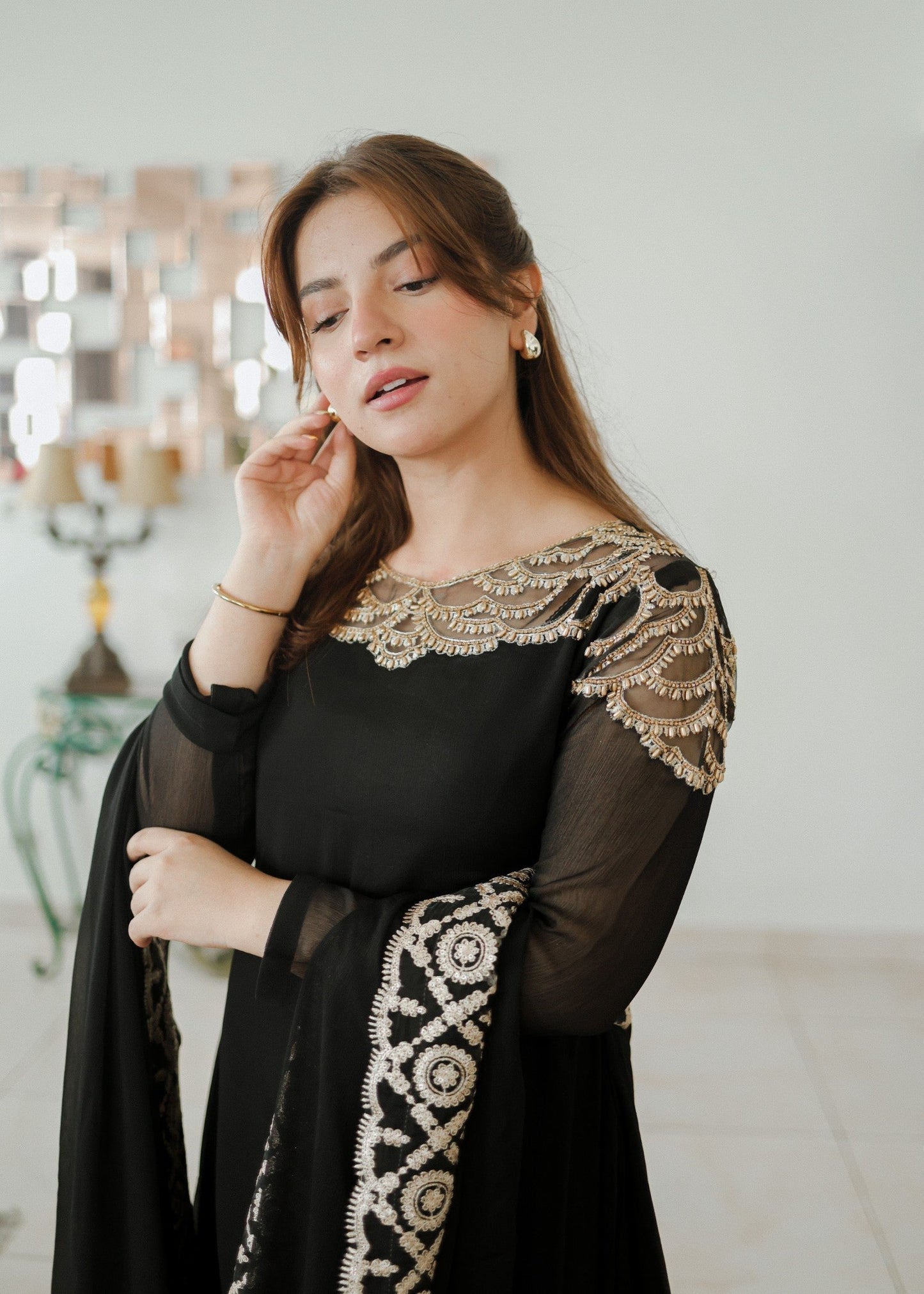 Stone Worked Black Bemberg Crinkle Chiffon Festive Wear Online in UK USA Canada
