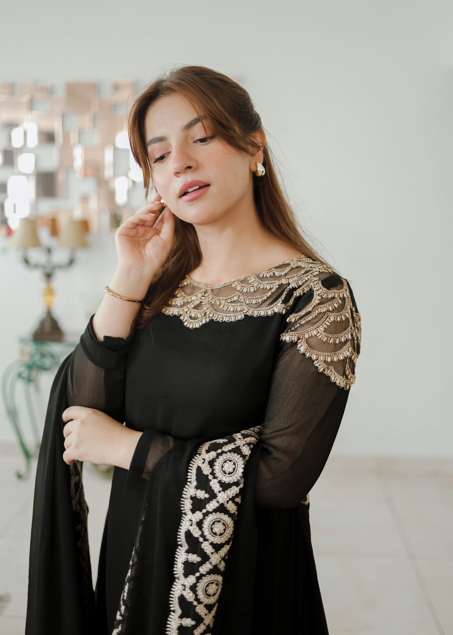 Stone Worked Black Bemberg Crinkle Chiffon Festive Wear Online in UK USA Canada