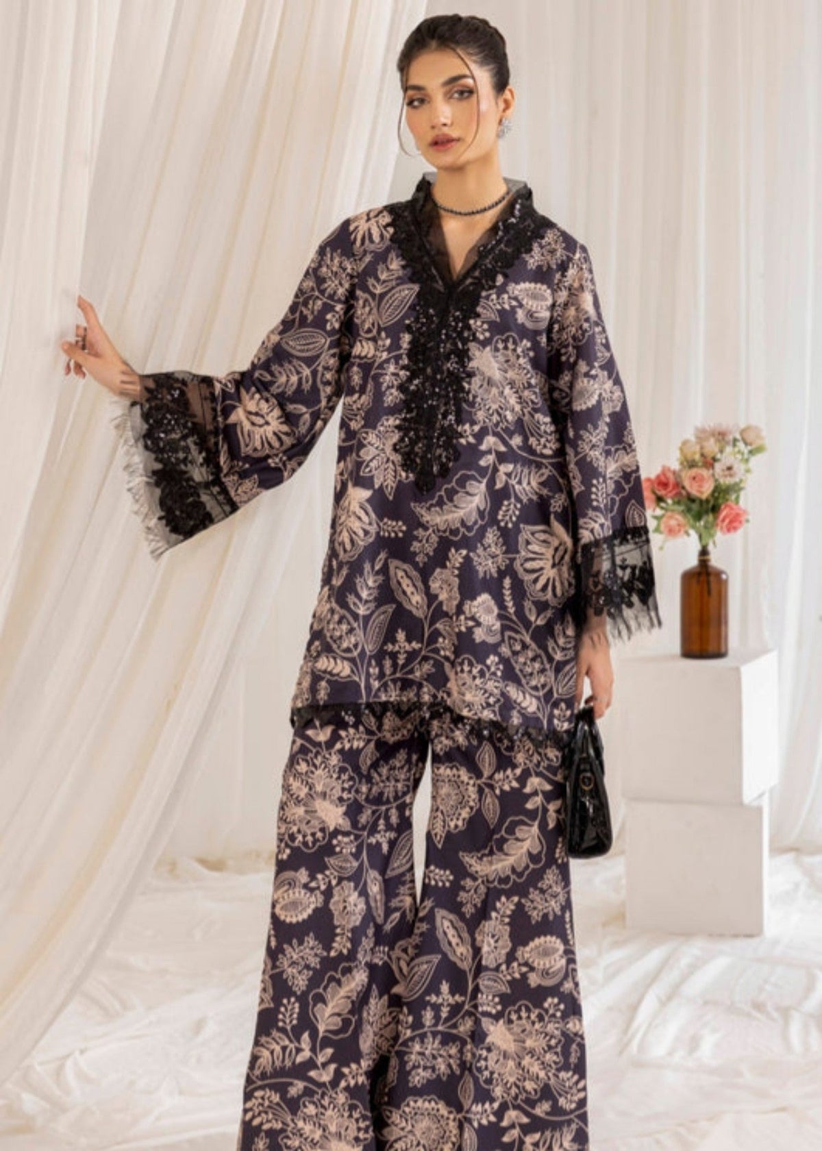 Straight Cut Black Viscose Kurta Salwar Kameez Online in KSA Riyadh Saudi Arabia Oman Bahrain Qatar