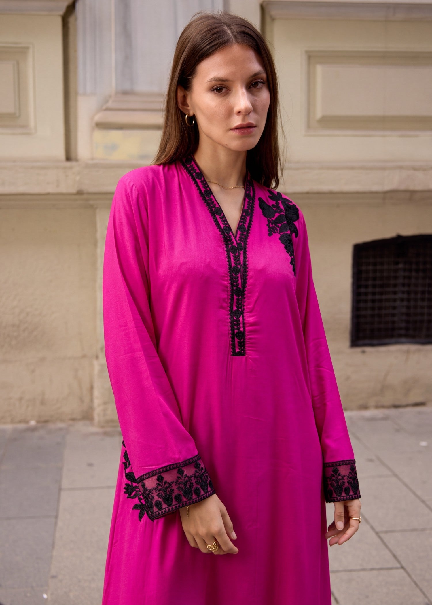 Straight Cut Embroidered Kaftan in Hot Pink Online in Sri Lanka India Australia