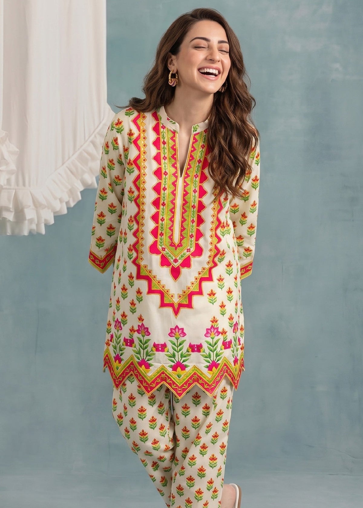 2 Piece Cream Slub Lawn Kurta Set Online in KSA Riyadh Saudi Arabia Oman Bahrain Qatar