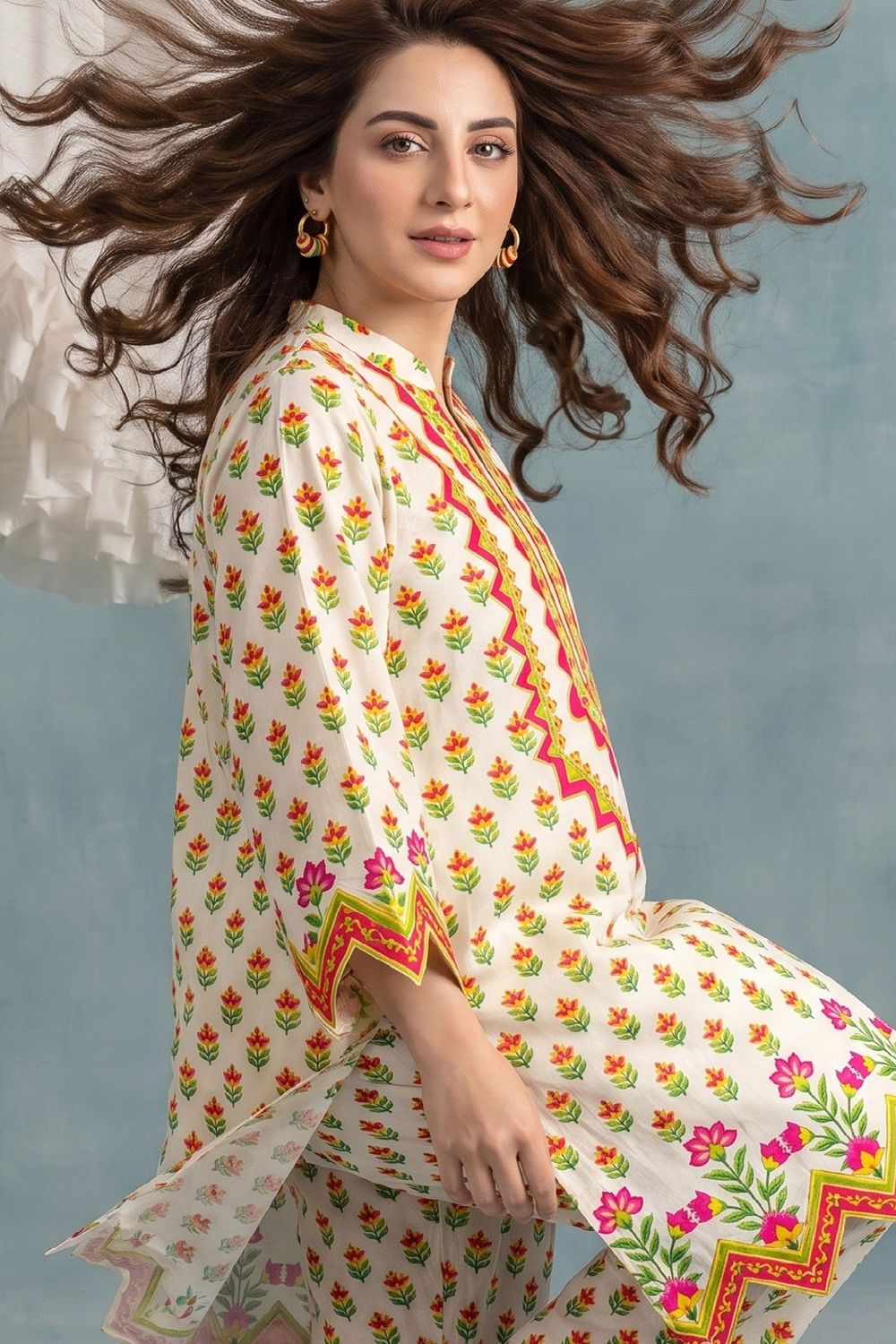 Cream Slub Lawn Straight Cut Kurta Set Online in Dubai UAE Abudhabi Ajman Sharjah