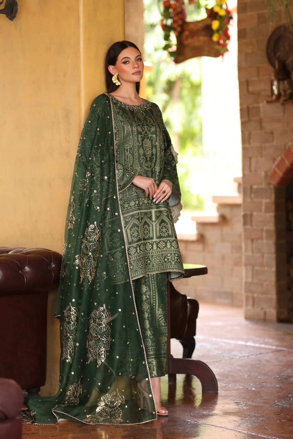 Green Jacquard Straight Cut Kurta Salwar Suit Online in Dubai UAE Abudhabi Ajman Sharjah