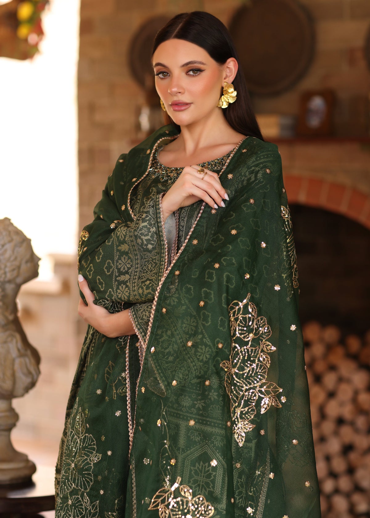 Green Jacquard Straight Cut Pakistani Clothes Online in Dubai DXB UAE Abudhabi Meena Bazaar