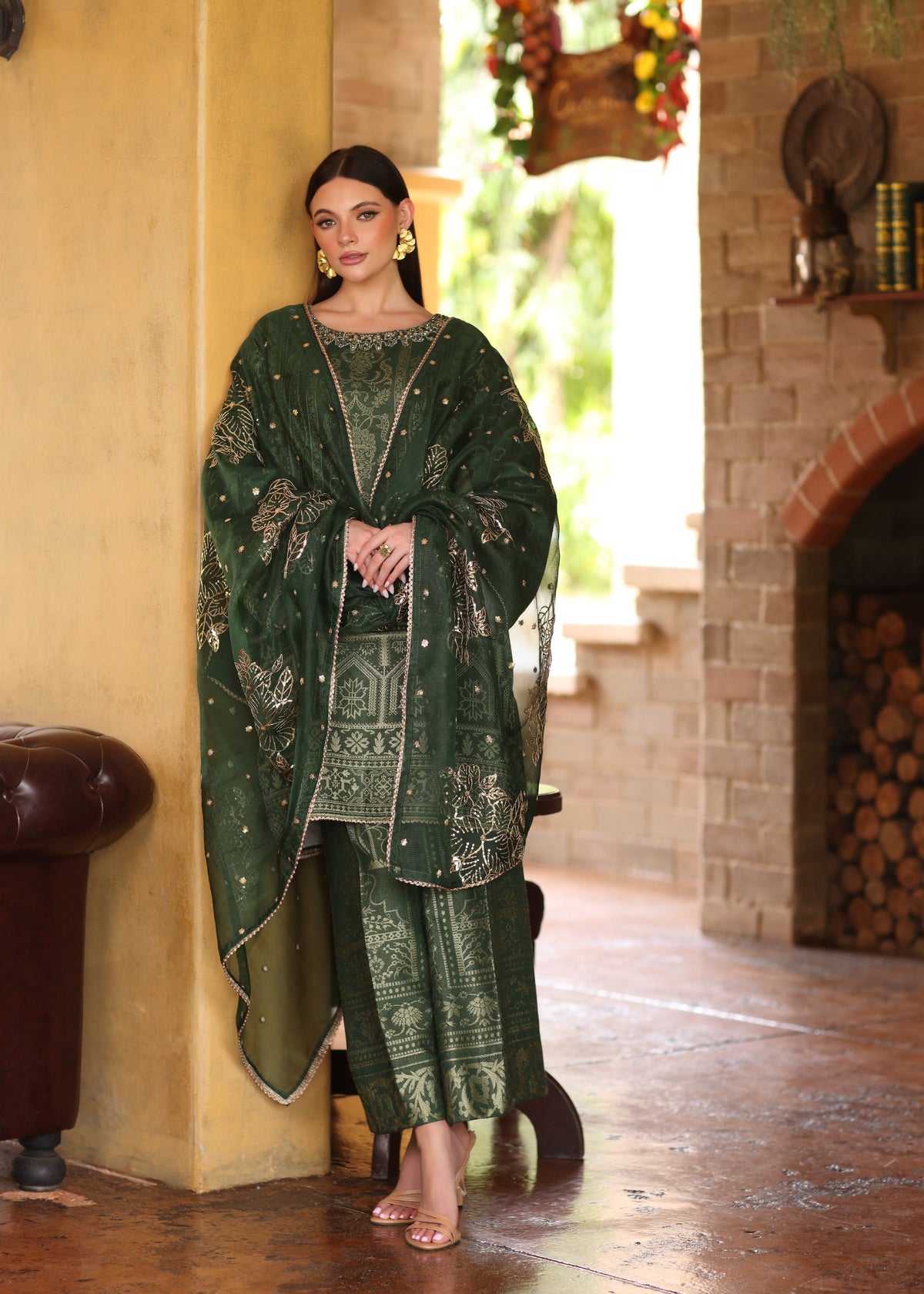Green Straight Cut Jacquard Pakistani Suit Online in Sri Lanka India Australia