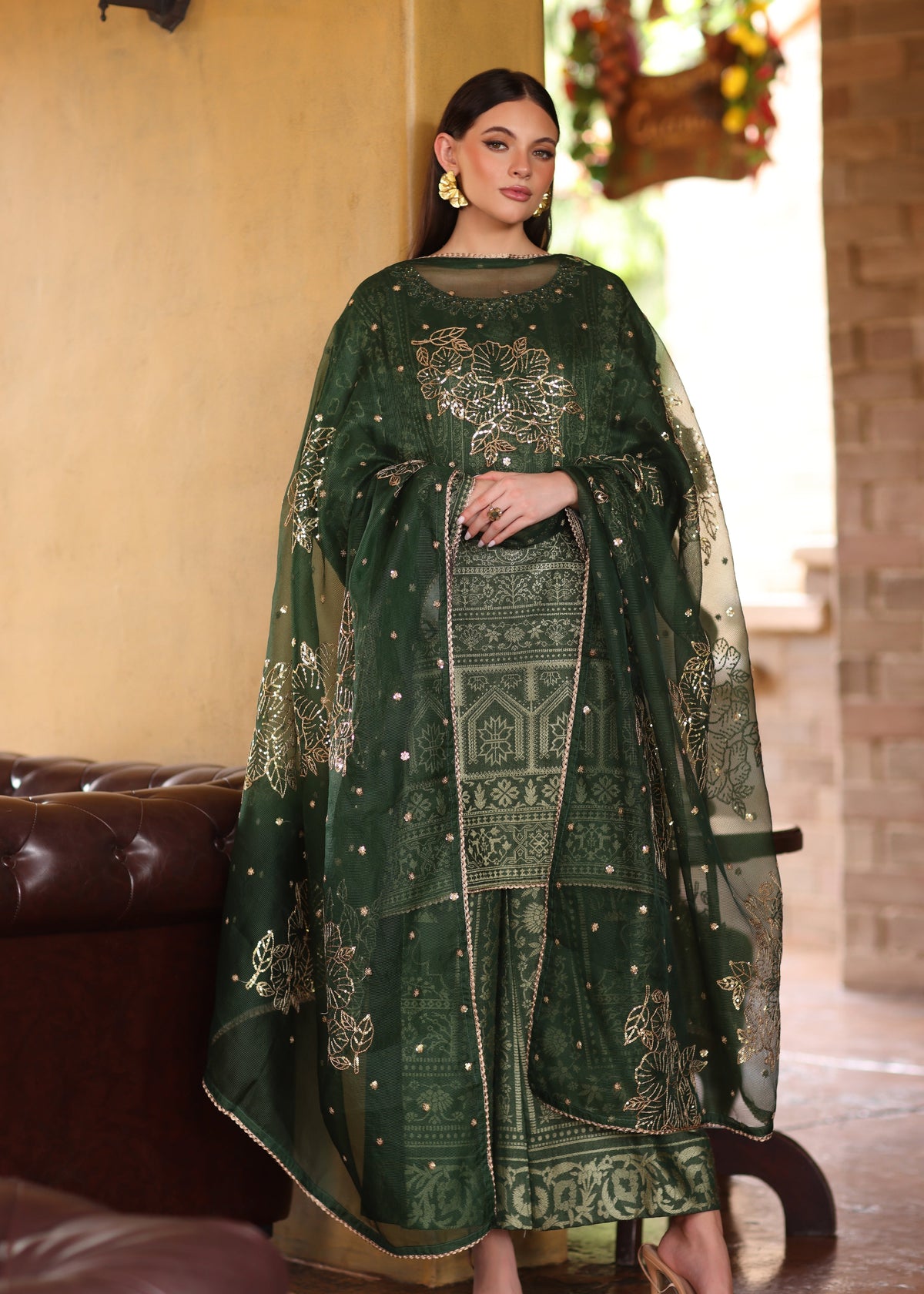 Green Jacquard Unstitched Dress Material Online in Dubai UAE Abudhabi Ajman Sharjah