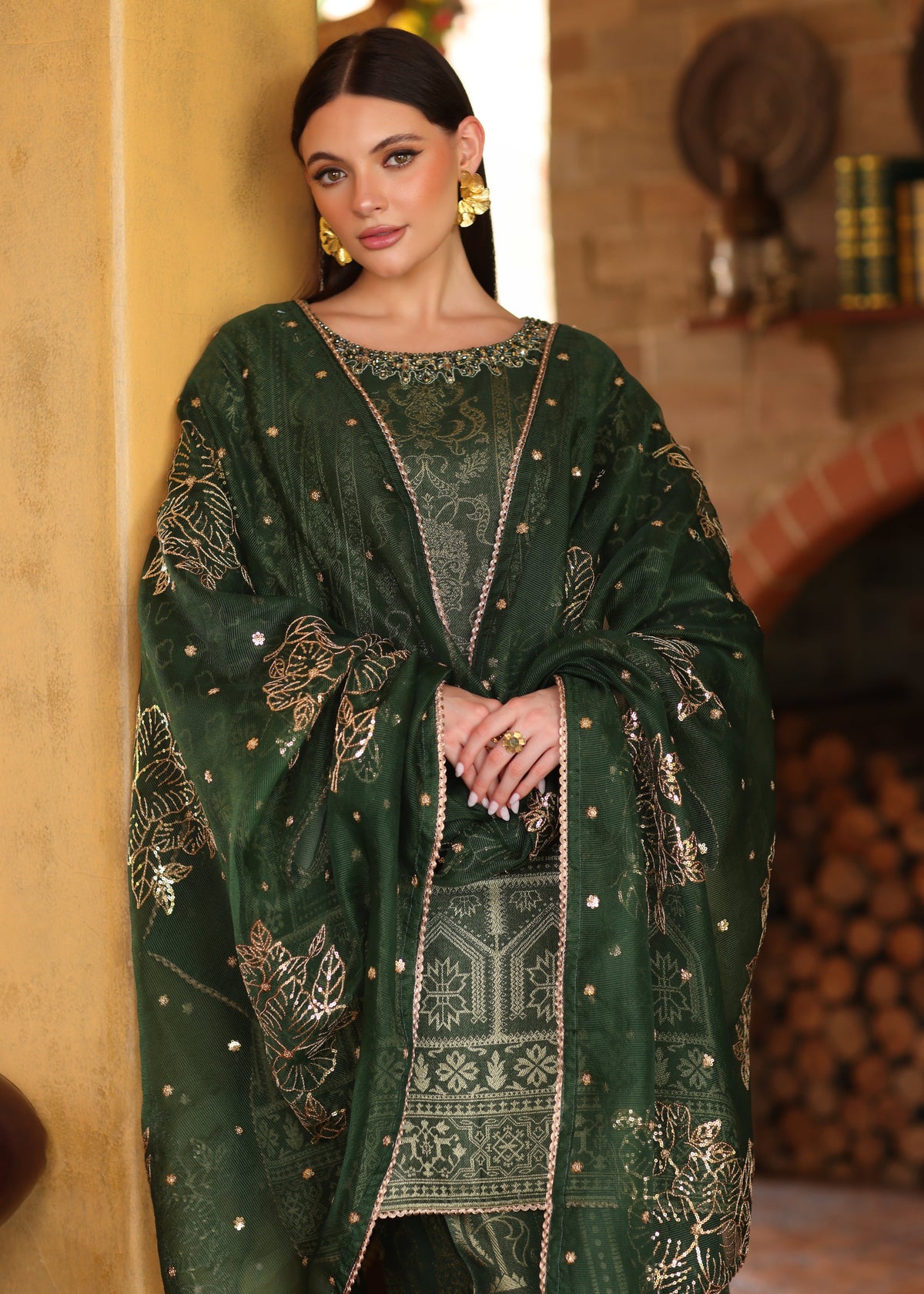 Jacquard Green Salwar Suit with Dupatta Online in Dubai UAE Abudhabi Ajman Sharjah