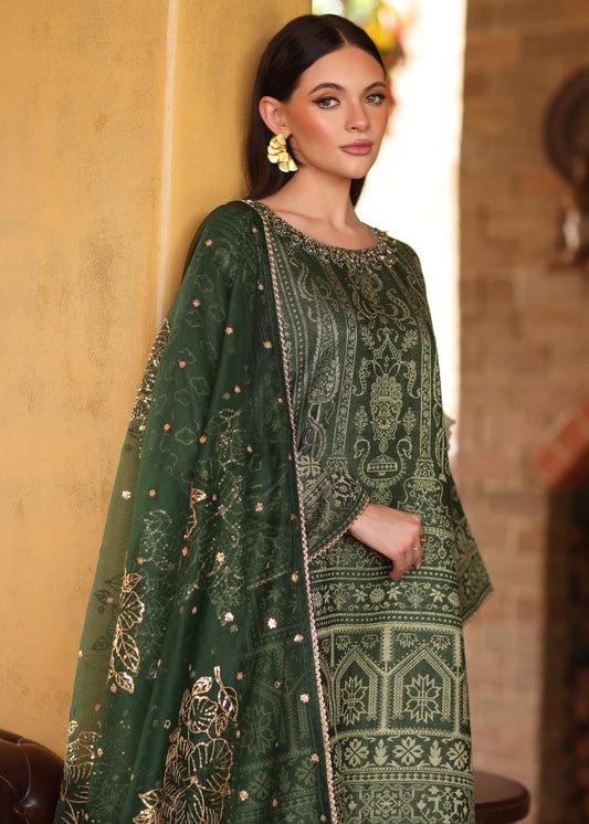 Pakistani Designer Green Jacquard Shalwar Kameez Online in KSA Riyadh Saudi Arabia Oman Bahrain Qatar