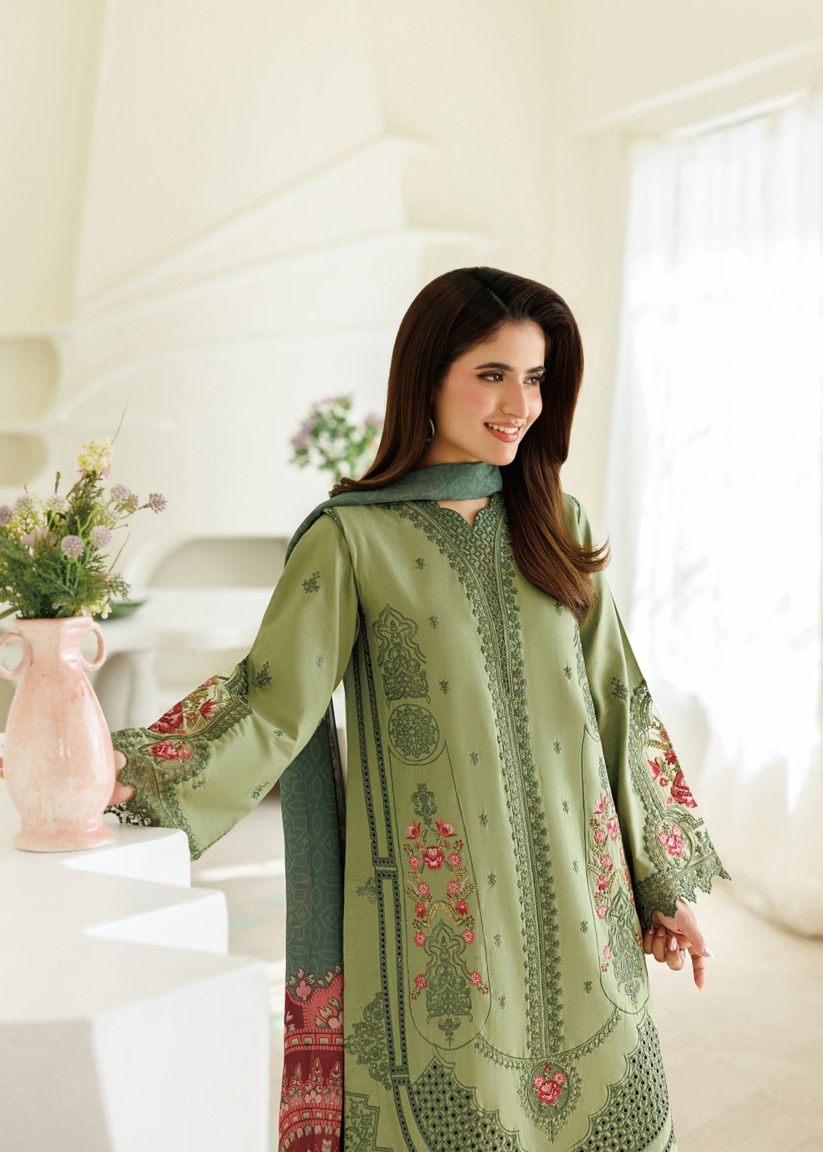 Green Lawn Straight Cut Kurta with Dupatta Online in Dubai UAE Abudhabi Ajman Sharjah