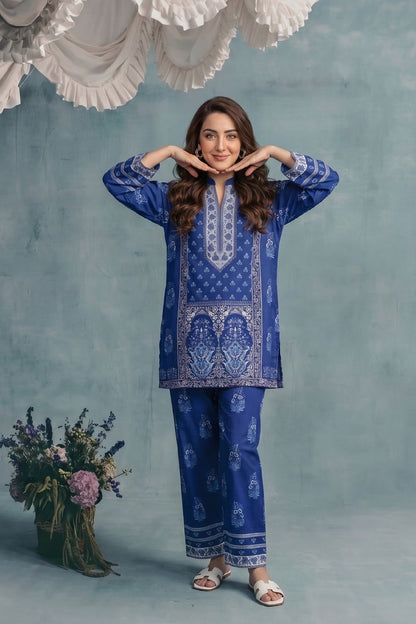 Blue Slub Lawn Straight Cut Kurta Set Online in Dubai UAE Abudhabi Ajman Sharjah