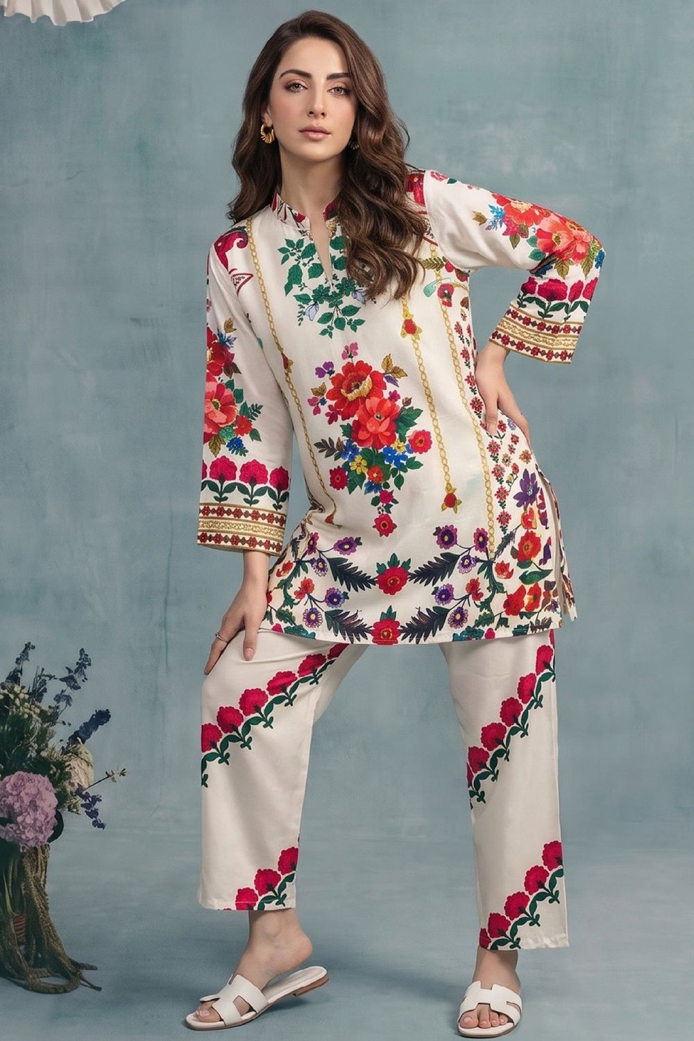 Cream Slub Lawn Straight Cut Kurta Set Online in Dubai UAE Abudhabi Ajman Sharjah