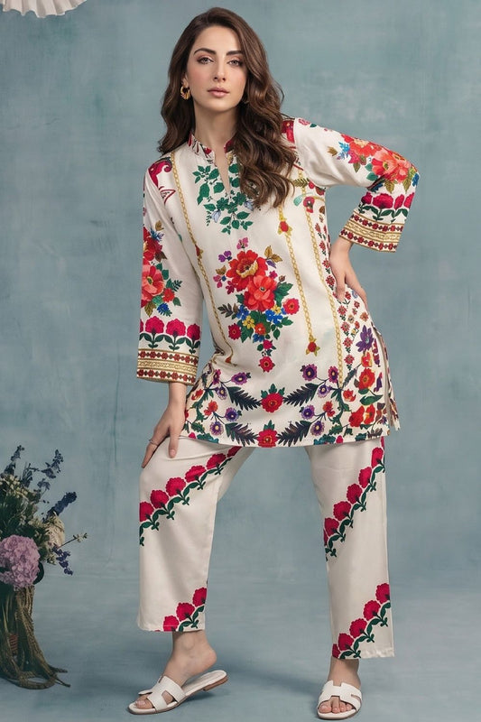 Cream Slub Lawn Straight Cut Kurta Set Online in Dubai UAE Abudhabi Ajman Sharjah