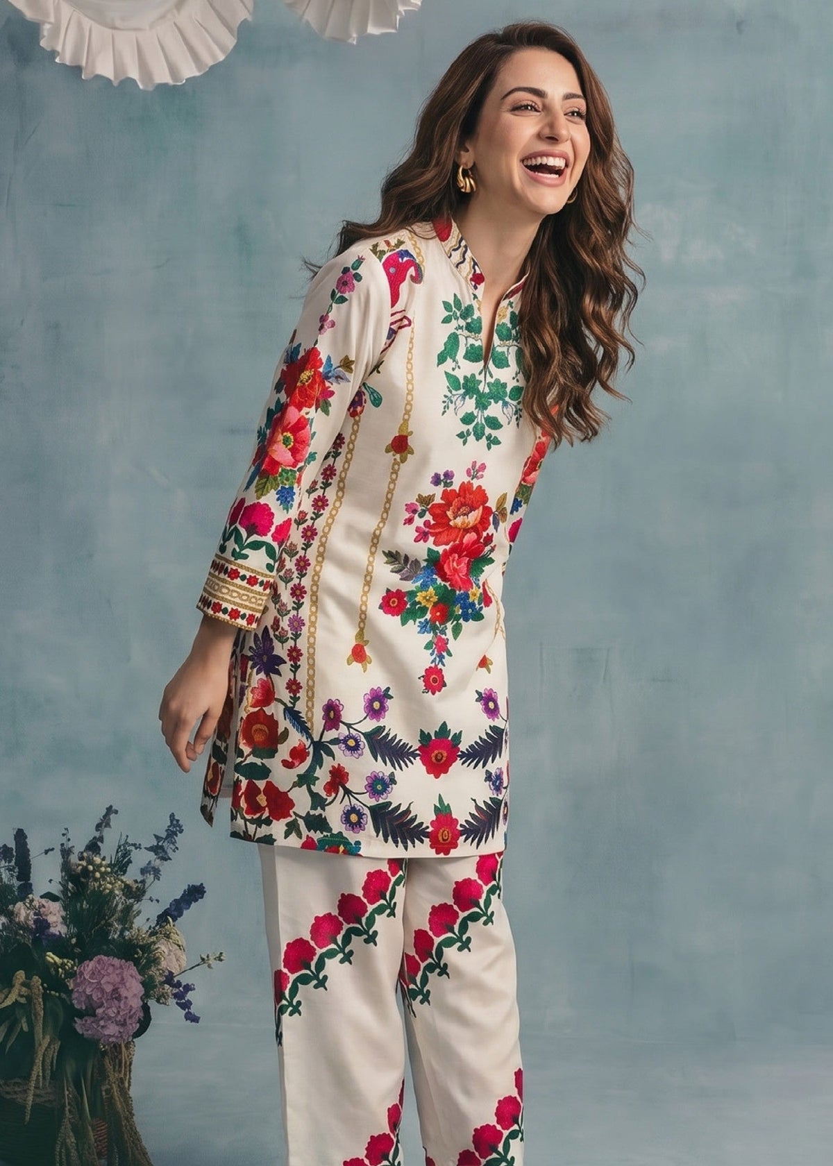 Summer Wear Cream Slub Lawn Pakistani Kurta Set Online in KSA Riyadh Saudi Arabia Oman Bahrain Qatar