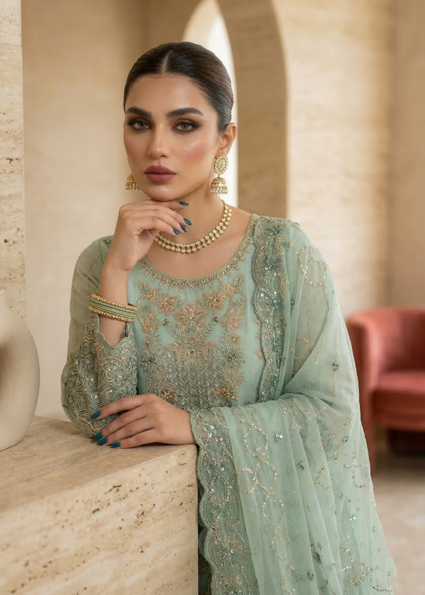 Straight Kurta Embroidered Organza Suit Online in Dubai DXB UAE Abudhabi Meena Bazaar